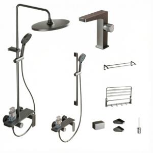 GUNO Set– tmavě šedý koupelnový set 8 ks (sprcha, vana, umyvadlo, doplňky)